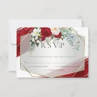 Bold Crimson Ivory Peony Floral Foil Strokes RSVP Card
