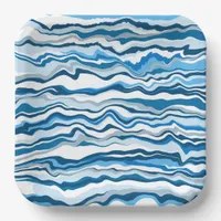  Blue Fluid Art Marble Pour Painting Stripe Paper Plates