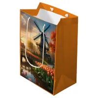 Windmill in Dutch Countryside by River with Tulips Medium Gift Bag