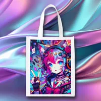 Glitchcore Colorful Anime Girl Artwork  Grocery Bag