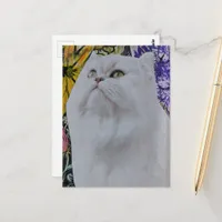White Cat in Flowers Mixed Media collage Postcard