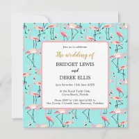 Modern Beach Wedding Pink Blue Flamingo Invitation