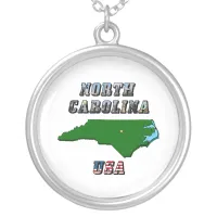 North Carolina Map Outline, Photo & US Flag Text  Silver Plated Necklace