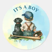 Vintage Baby, Dog and Baseball | It's a Boy Classic Round Sticker