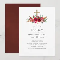 Burgundy Red Floral Baptism or Christening Invitation