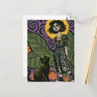 Cute woman and her cat  postcard