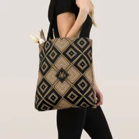 Gold+Black ArtDeco Monogram GeoPattn-V2 Monogram Tote Bag