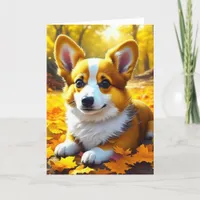 Corgi Puppy Dog Playing in the Autumn Leaves Card