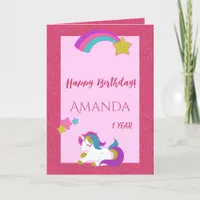 Unicorn pink happy magical day 1st birthday card