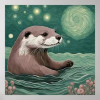 Otter in a Starry Night Ocean Sage and Rose Color Poster