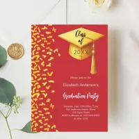 Graduation party red gold confetti invitation