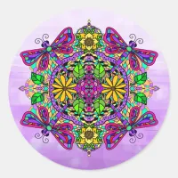 Purple Dragonfly and Flowers Mandala Hand Drawn   Classic Round Sticker