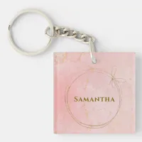 Custom Name Pink and Gold Square Keychain