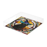 Square Stained Glass Black Cat Colorful Halloween Acrylic Tray