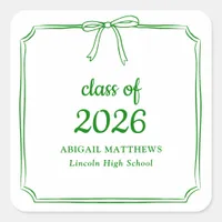 Elegant Whimsical Bow Green Custom Graduation Square Sticker