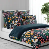 Whimsical Midnight Green Floral Wildflower Garden Duvet Cover