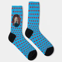 Custom Photo Red Heart Balloon Pattern Blue Crew Socks