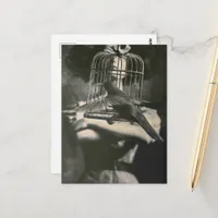 Surreal Black and White Caged Bird and Lady Postcard