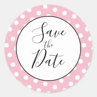 Pale Pink and White Polka Dot Save the Date Classic Round Sticker