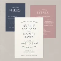 Simple Clean Minimal Ecru Navy Wedding Invitation