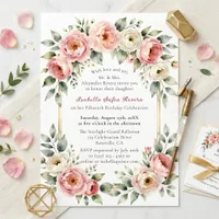 Watercolor Blush Peony Gold Frame Quinceañera Invitation