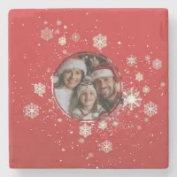 Red Christmas Frame with Snow Flakes  Stone Coaster