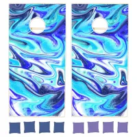 Cobalt Blue Marble Fluid Art Swirls  Cornhole Set