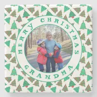 Merry Christmas Grandma Photo | Green Trees White Stone Coaster