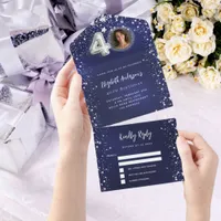 40th Birthday navy blue photo silver stars rsvp All In One Invitation