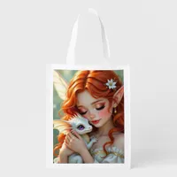 Pretty Red Haired Fairy with Dragon Grocery Bag