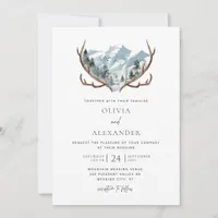 Rustic Antlers Mountain Photo Wedding Invitation