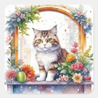 Cat Sitting in Window with Flowers Watercolor Square Sticker