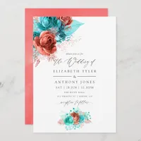 Turquoise and Living Coral Floral Wedding Invitation