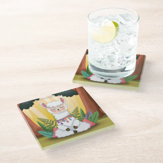 Cute Llama Meditating in Magical Forest Glass Coaster