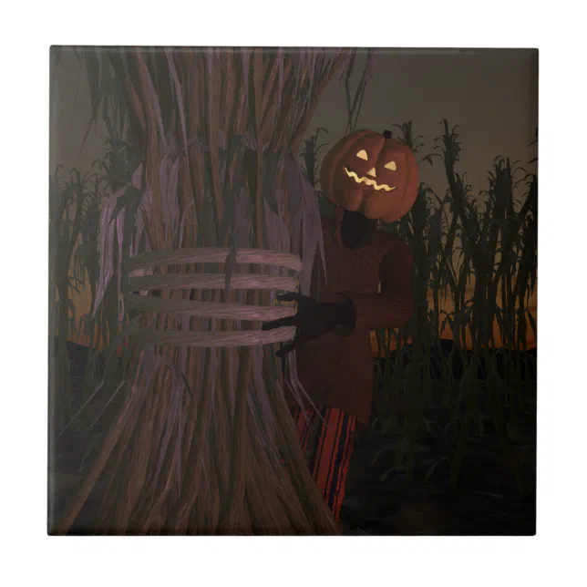 Spooky Pumpkin Head Scarecrow Ceramic Tile