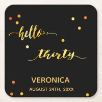 30th birthday black gold hello 30 script name square paper coaster