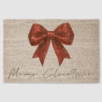 Glitter Red Coquette Bow Merry Christmas  Fiber Doormat