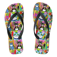 Whimsical Folk Art Colorful Cats Flip Flops