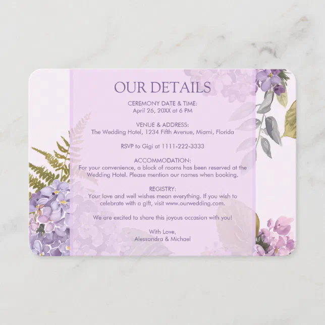 Watercolor Lavender Hydrangea Fern Leaves Wedding Enclosure Card