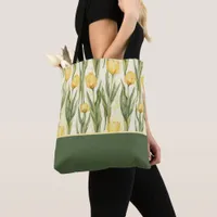Watercolor Style Yellow Tulips, Color Block Tote Bag