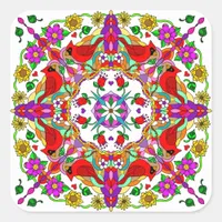Pretty Colorful Cardinals and Flowers Mandala  Square Sticker