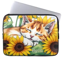 Cute Napping Kitten and Sunflowers Personalized Laptop Sleeve