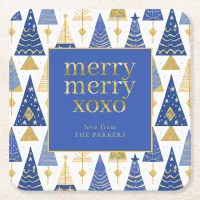 Blue Gold Christmas Merry Pattern#25 ID1009 Square Paper Coaster