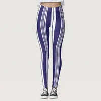 Preppy Navy Blue White Wide Deckchair Stripes Leggings