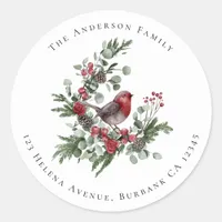 Festive Robin Christmas Floral Return Address   Classic Round Sticker