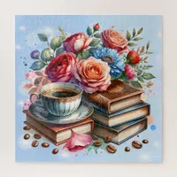 Pretty Floral Vintage Books and Coffee  Christmas Jigsaw Puzzle