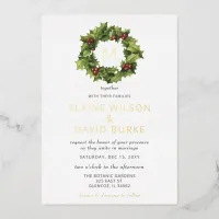 Holly Berries Wreath Monogram Winter Wedding  Foil Invitation