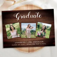Rustic Wood 3 Photo Collage Graduation Announcement