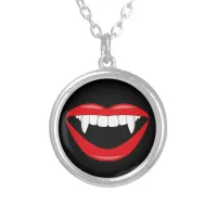 Vampire Girl Fangs and Red Lips Goth Silver Plated Necklace