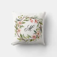 Monogram Pretty Twig and Wildflower Wreath Throw Pillow